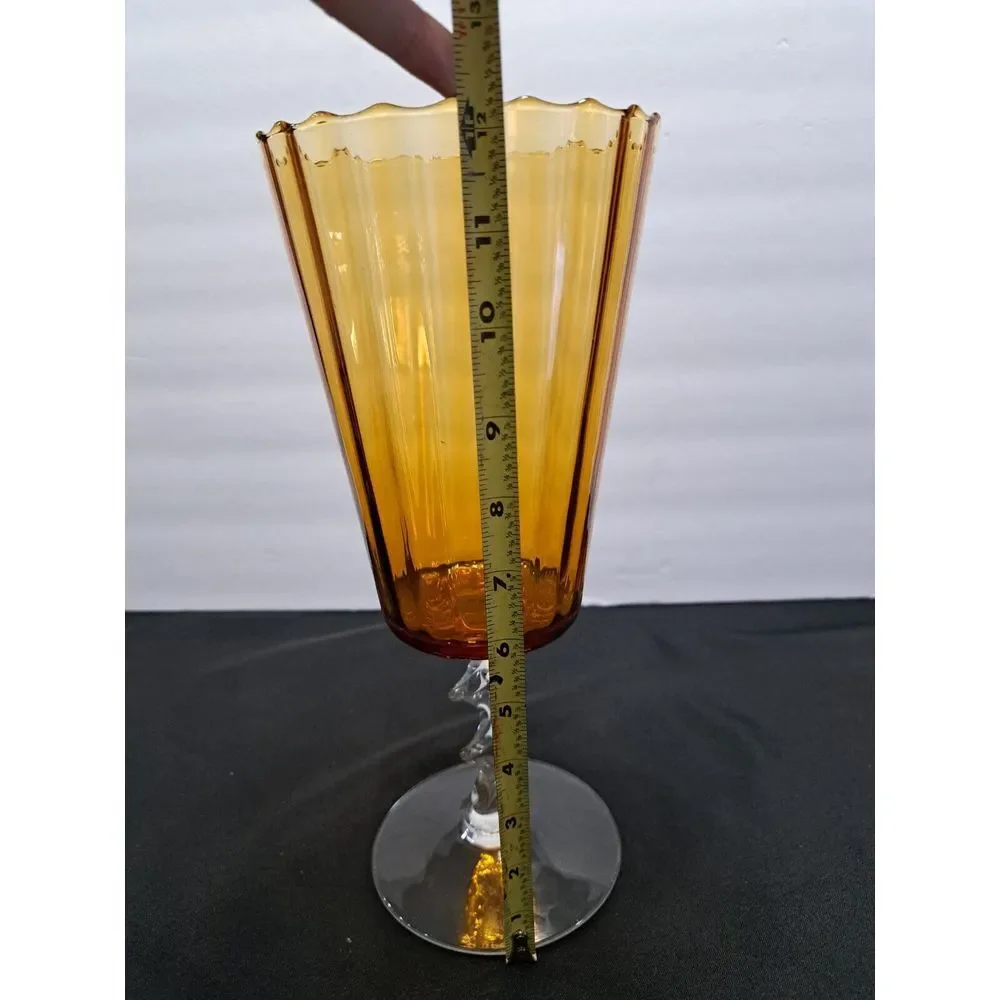Vintage Amber Art Glass Large Paneled Flower Vase Twisted‎ Stem Scalloped